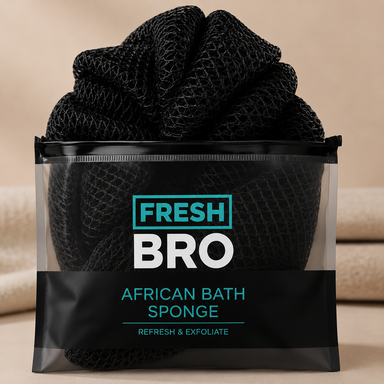 Black bath sponge in packaging with 'Fresh Bro' branding on a beige background