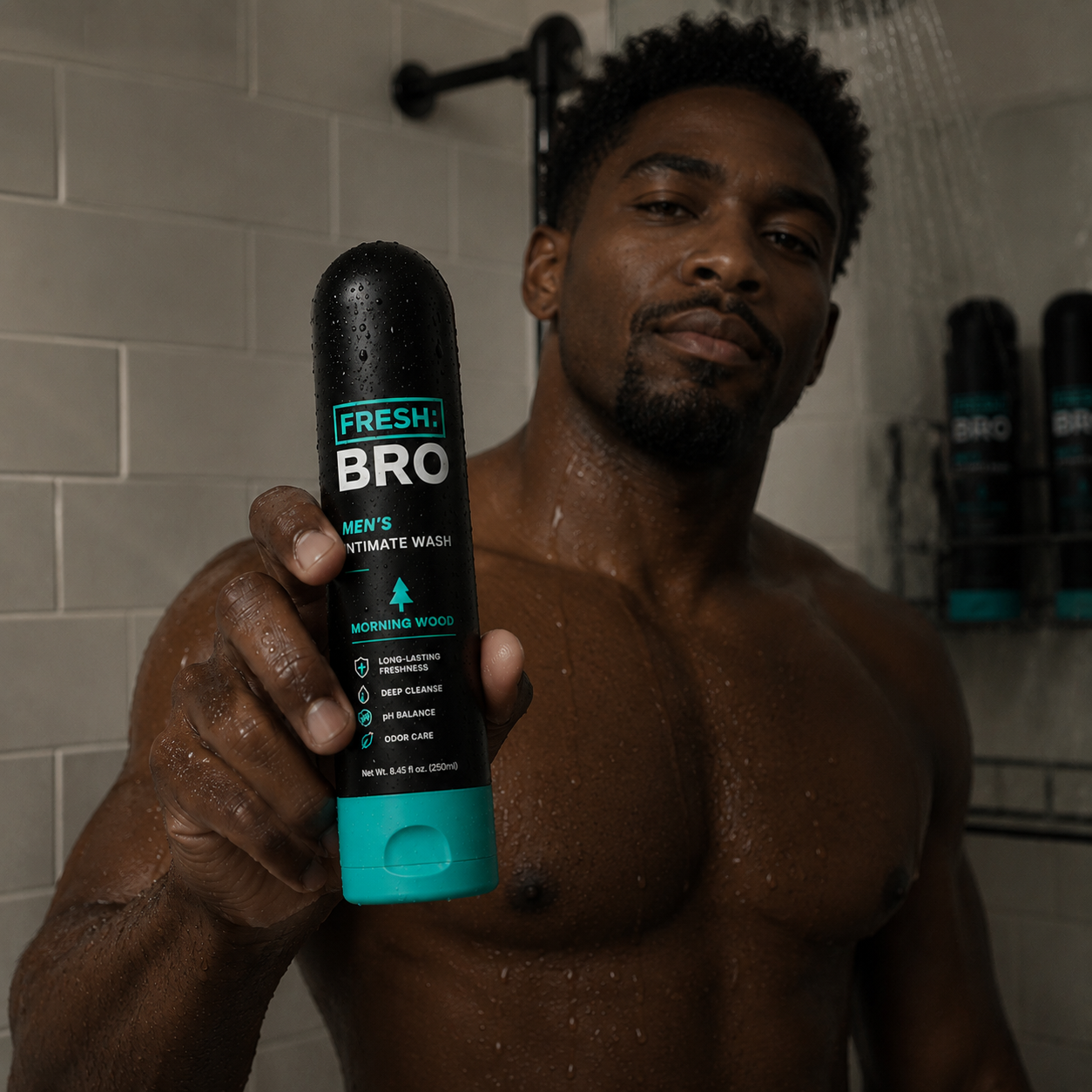 Man holding a 'Fresh Bro' men's intimate wash bottle in a bathroom.