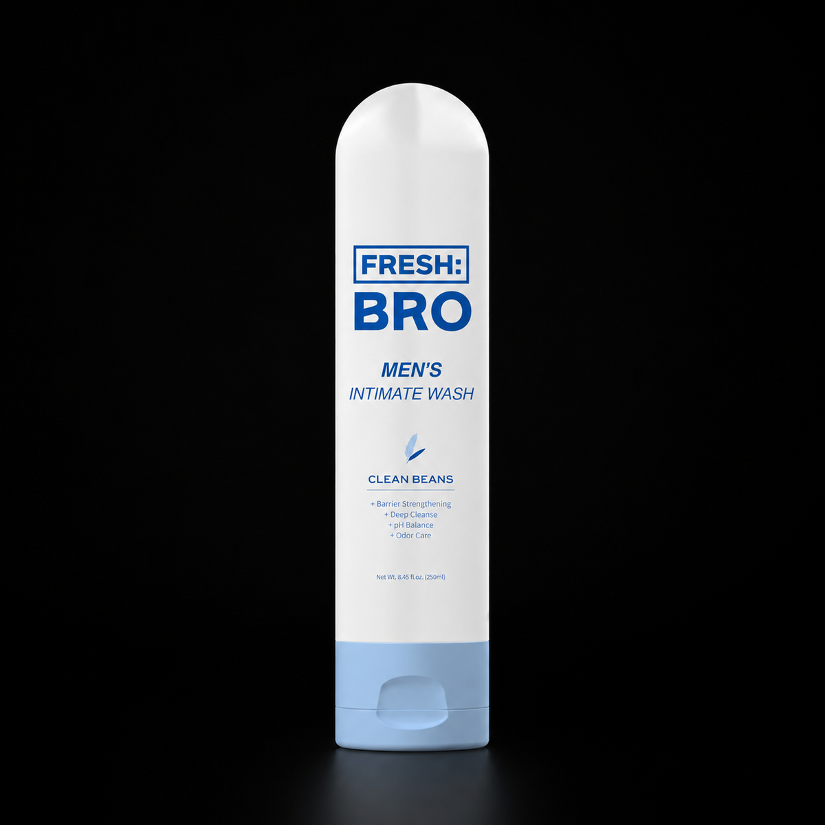 Men's intimate wash bottle labeled 'Fresh Bro' on a black background