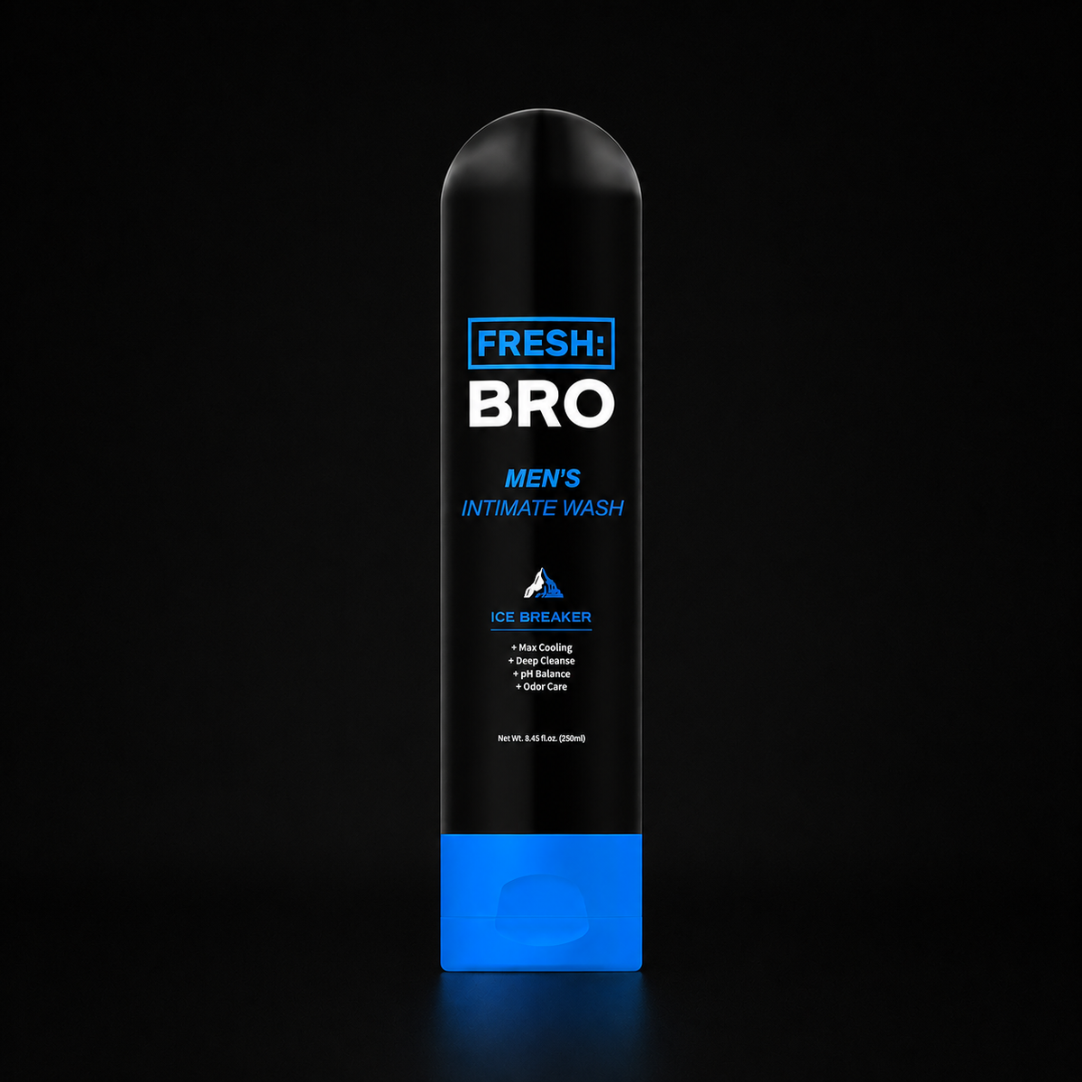 Men's intimate wash bottle labeled 'Fresh Bro' on a black background