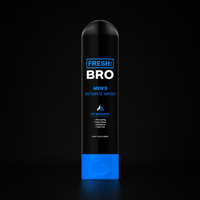 Men's intimate wash bottle labeled 'Fresh Bro' on a black background